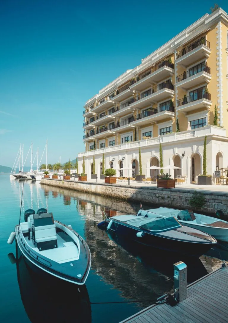 Hotel junto al puerto con embarcaciones amarradas