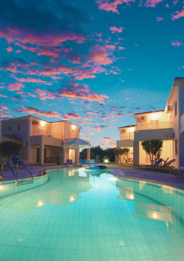 Piscina del hotel al atardecer con cielo rosado