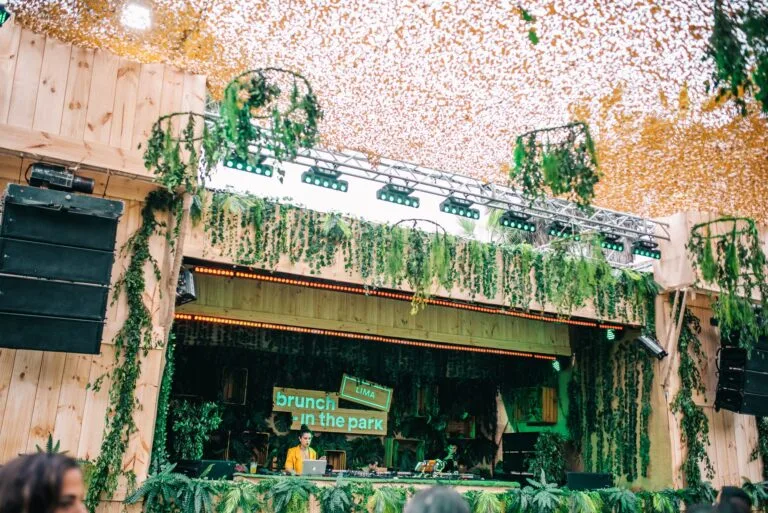 Escenario del brunch con techo de camuflaje y plantas